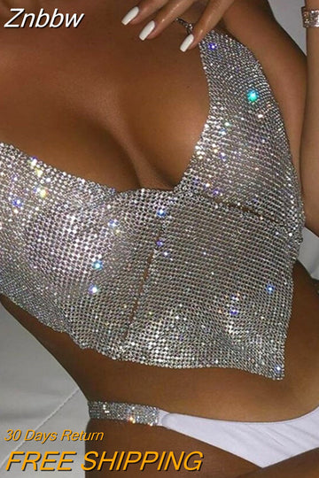 Znbbw 2023 Triangle Diamonds Crop Top Crystal Halter Summer Tops Glitter Women Sexy Backless Nightclub Bralette Tank Top